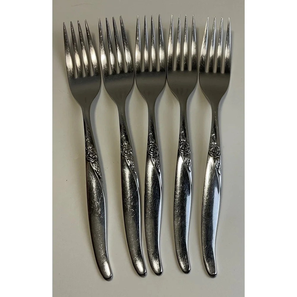 Oneida Wm A Rogers La Rose Salad Forks Vintage Stainless Steel Set of 5 Floral